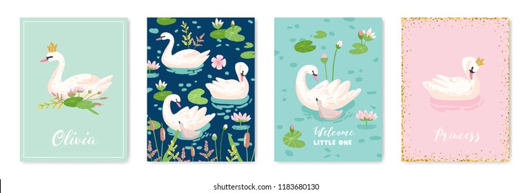 Collection of Beautiful Swans Posters for Design Print, Baby Greetings, Arrival Cards, Invitation, Children Store Flyer, Brochure, Cover in vector