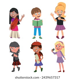 Collection of beautiful teenage girls dressed in stylish clothes. Female characters posing with happy face expressions. Cartoon flat vector design