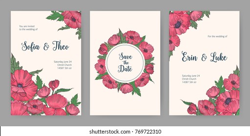 Collection of beautiful templates for Save the Date card or wedding invitation with pink blooming poppy flowers hand drawn on light background and place for text. Elegant floral vector illustration.
