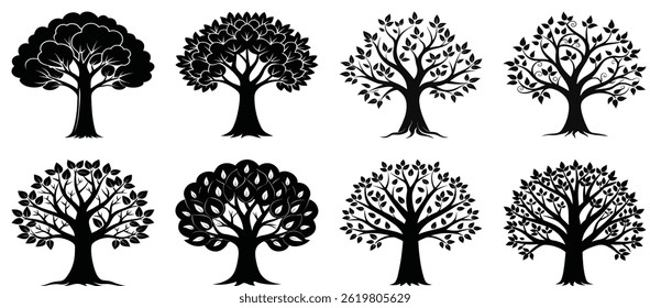 Collection of beautiful tree silhouettes set against white background vector illustration