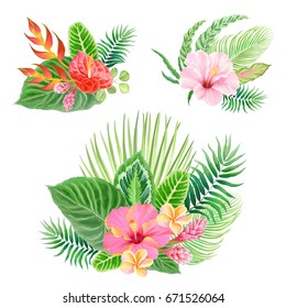 Collection of beautiful tropical decorations, vector floral compositions with flowers and leaves for your design.