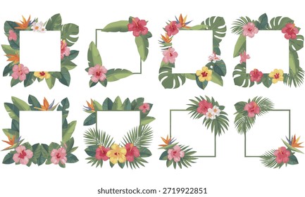 Uma coleção de belas armações florais tropicais com flores de hibisco e folhas verdes exuberantes. Perfeito para convites, artigos de papelaria e projetos de natureza temática.