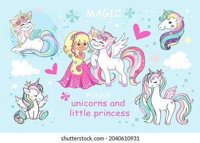 Collection of beautiful unicorns and princess on a blue background. Vector illustration isolated