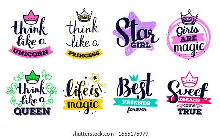 Collection of beautiful vector girly handwritten inscription with color decorative element on white background. Label set with calligraphic text. Hand drawn design for print, t-shirt, sticker, card