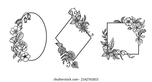 Colección de hermosos marcos dibujados a mano vectorial con flores y hojas para invitaciones de diseño, tarjetas de saludo, menú. Conjunto romántico