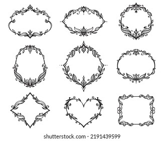 Collection of beautiful vector hand drawn frames for design invitations, greeting cards, menu. Romantic set