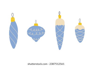Collection of beautiful vintage baubles and decorations for Christmas tree. Set of holiday ornaments. Colored vector illustration in flat cartoon hygge style.