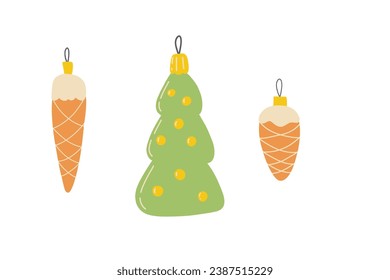 Collection of beautiful vintage baubles and decorations for Christmas tree. Set of holiday ornaments. Colored vector illustration in flat cartoon hygge style.