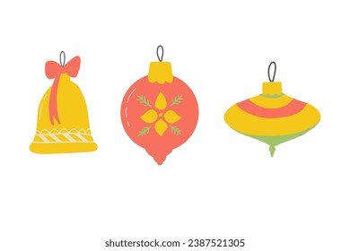 Collection of beautiful vintage baubles and decorations for Christmas tree. Set of holiday ornaments. Colored vector illustration in flat cartoon hygge style.