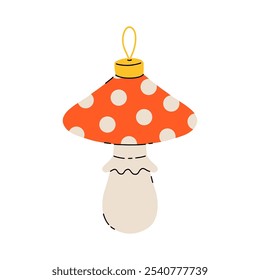 Collection of beautiful vintage baubles and decorations for Christmas tree. Set of holiday ornaments: balls, cone, bell, mushroom, house. Colored vector illustration in flat cartoon style.