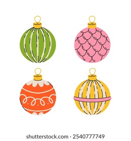 Collection of beautiful vintage baubles and decorations for Christmas tree. Set of holiday ornaments: balls, cone, bell, mushroom, house. Colored vector illustration in flat cartoon style.