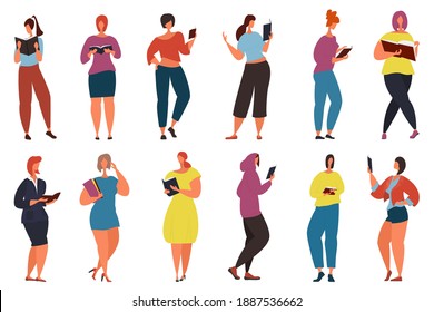 Collection of beautiful women reading a book. Students are preparing for the exam. Set of readers of modern literature. Isolated on white, vector flat cartoon. People read books while standing.