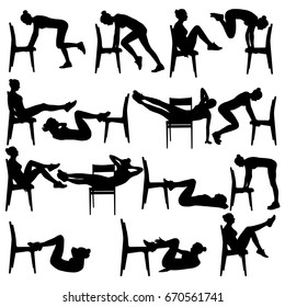 Collection of beautiful young girls doing exercises at home. Young slim active woman is doing pushups from the chair. Vector illustration isolated on white background. 