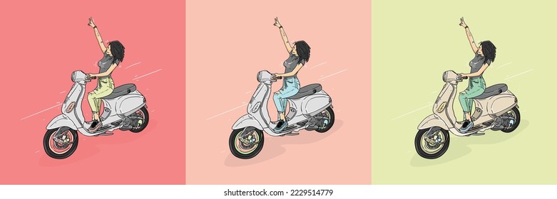 Collection Beautiful young woman character riding scooter in the pink and green background vector line art modern illustrations