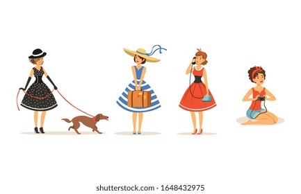 Collection of Beautiful Young Women Dressed Retro Style Fashion Clothes, Pretty Girls in Different Situations Vector Illustration