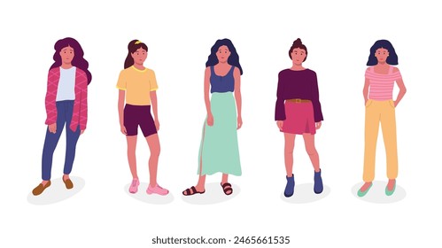 Collection of beautiful young women in evening outfits. Group of fashionable women standing together vector flat illustration. Stylish female characters in modern casual isolated on white.