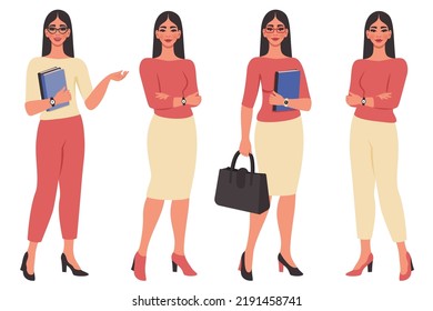 Collection of beautiful young women. Female flat character in different poses. Businesswoman, office worker, School or college teacher. Education, study, business concept. Vector cartoon illustration