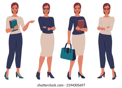 Colección de hermosas mujeres jóvenes. Carácter plano femenino en diferentes poses. Empresaria, oficinista, maestra de escuela o universidad. Educación, estudio, concepto de negocios. Ilustración de dibujos animados