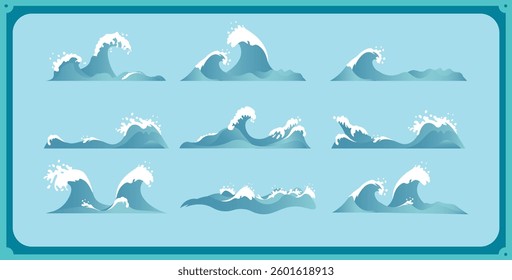 A collection of beautifully designed ocean wave illustrations featuring dynamic sea movements with foamy crests.
