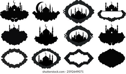 A collection of beautifully designed ornamental Islamic mosque silhouette frames, perfect for Ramadan, Eid, and other Islamic-themed projects. These intricate frames feature elegant Arabic-style decor