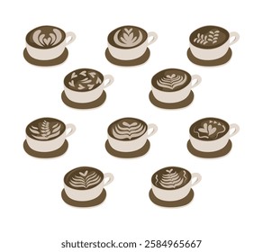 A collection of beautifully illustrated coffee cups featuring various latte art designs, including hearts and leaves. Perfect for café branding, menus, coffee shop decorations and other projects.