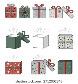 Colección de cajas de regalo bellamente envueltas en varios colores y patrones aislados en blanco