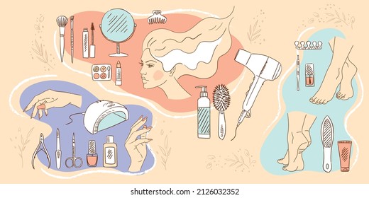 Collection of beauty accessories, silhouettes of women's faces, hands and foots. Mirror, hair dryer, bottles, combs, lipstick, scissors, manicure lamp, nail polish. Image for a beauty salon.