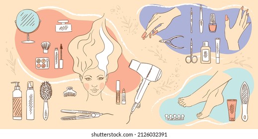 Collection of beauty accessories, silhouettes of women's faces, hands and foots. Mirror, hair dryer, bottles, combs, lipstick, scissors, nail polish, hair straightener. Image for a beauty salon.