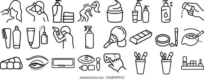 Collection of beauty care essentials and cosmetic procedures represented by a simple black and white set icon design