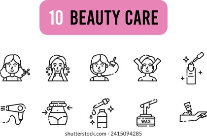 Collection of Beauty Care linear icons. Set of Face Wash, Diet symbols drawn with thin contour lines.