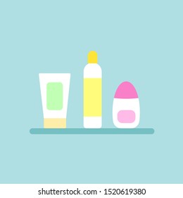 Collection of beauty care products in flat style. Vector illustration isolated on blue background