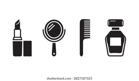 Collection of beauty and grooming items including lipstick, mirror, comb, and perfume bottle arranged in a clean, modern layout.