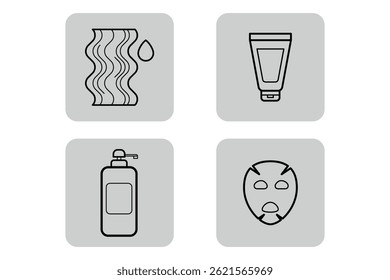 Collection of beauty icons showcasing various skincare items, including tube, mask, fluid drop, and lotion bottle. Essential products for skincare routine concept