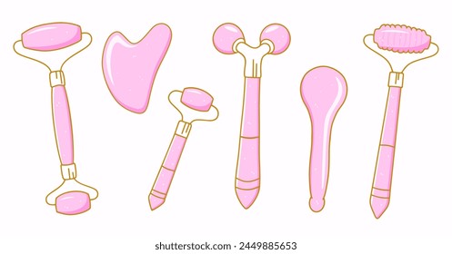 Collection of beauty instruments for skincare routines and facial massage. Rose quartz stones. A roller, gua sha tools, small massaging devices, a spoon shaped massager. Modern hand drawn vector.