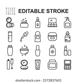 Collection of beauty product icons. Thin line vector. Contains icons such as serum, cream, lipstick and more.