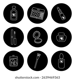Collection of beauty products and cosmetics displayed in simple black circle designs for aesthetic purposes.Each item highlights essential cosmetics for daily use. 