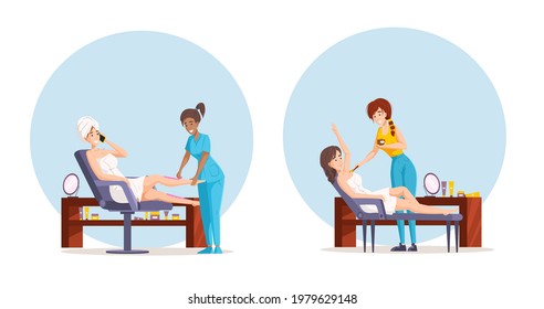Collection of beauty spa procedures hair removing at salon. Female beautician work with clients, armpit shugaring, waxing female legs and body depilation and legs use equipment isolated cartoon vector