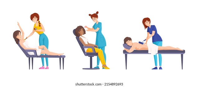 Collection of beauty spa procedures hair removing at salon. Set of female beautician work with clients, shaving, brow correction, waxing and body depilation use equipment isolated cartoon vector