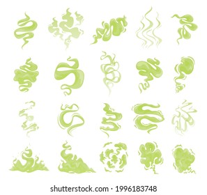 Collection of bed green clouds of unpleasant smell vector illustration. Set of smoke and toxic steam isolated. Stench or stink, fume trails, disgusting stinky breathing, fart, spoiled rotten food odor