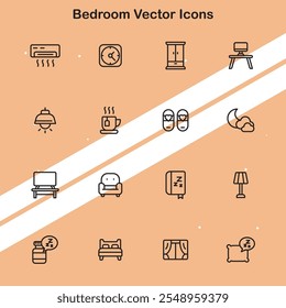 Colección de iconos vectoriales de dormitorio que representan muebles y Elementos de decoración adecuados para temas de diseño de interiores.