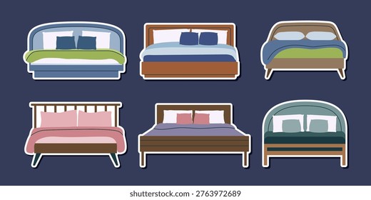 Collection of beds stickers isolated on dark background1. Vector flat furniture cliparts. Concepts of home, interiors, bedroom, sleep.