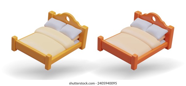 Collection with beds in yellow and orange colors on white background. Big bed with blanket and pillows in cartoon style. Vector illustration in 3d style