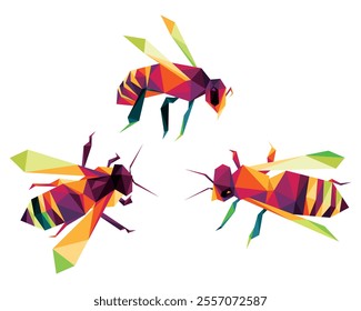 Collection of Bee in Colorful Polygonal Low Poly Vector. Bee Colorful Abstract Logo Set. Triangle Colorful Bee Logo Vector