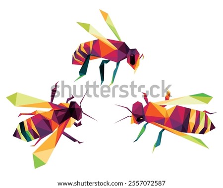 Collection of Bee in Colorful Polygonal Low Poly Vector. Bee Colorful Abstract Logo Set. Triangle Colorful Bee Logo Vector