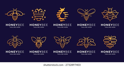 Coleção de Logotipo da Linha Bee.Inspiration Honey Bee com estilo de linha e marca de cor dourada.