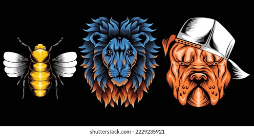 Collection of bee, lion, and pitbull illustration