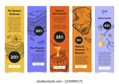 Kollektion Biene natürliche Propolis Extrakt vertikale Landing-Page graviert Vektorgrafik. Set Organic Honeycomb Grippe Saison Immunverstärker Internet-Poster mit Bienenstockblume Platz für Text