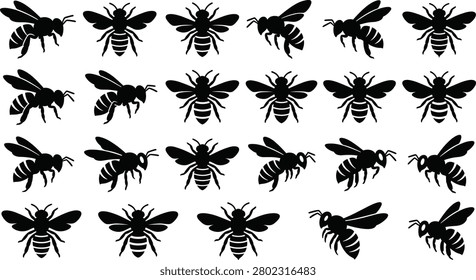 Collection of bee silhouette illustrations featuring various flying angles and body positions. Ideal for nature, agriculture, pollination, honey production, environmental projects, logos, icons, and educational designs.