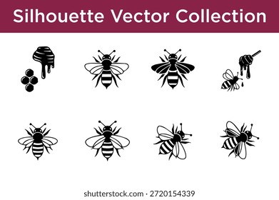 Collection of bee silhouettes isolated on white background