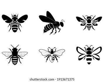Collection of bee silhouettes, vector illustrations, icons and logos